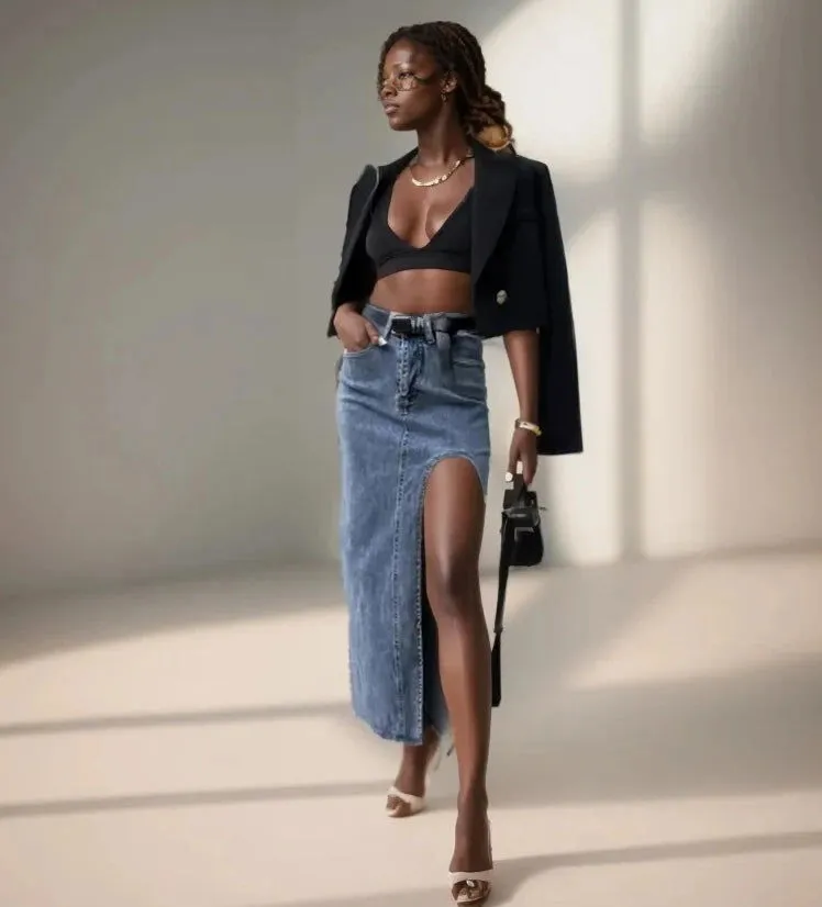 Asymmetrical Irregular Leggy Slit High Waist Denim Skirts