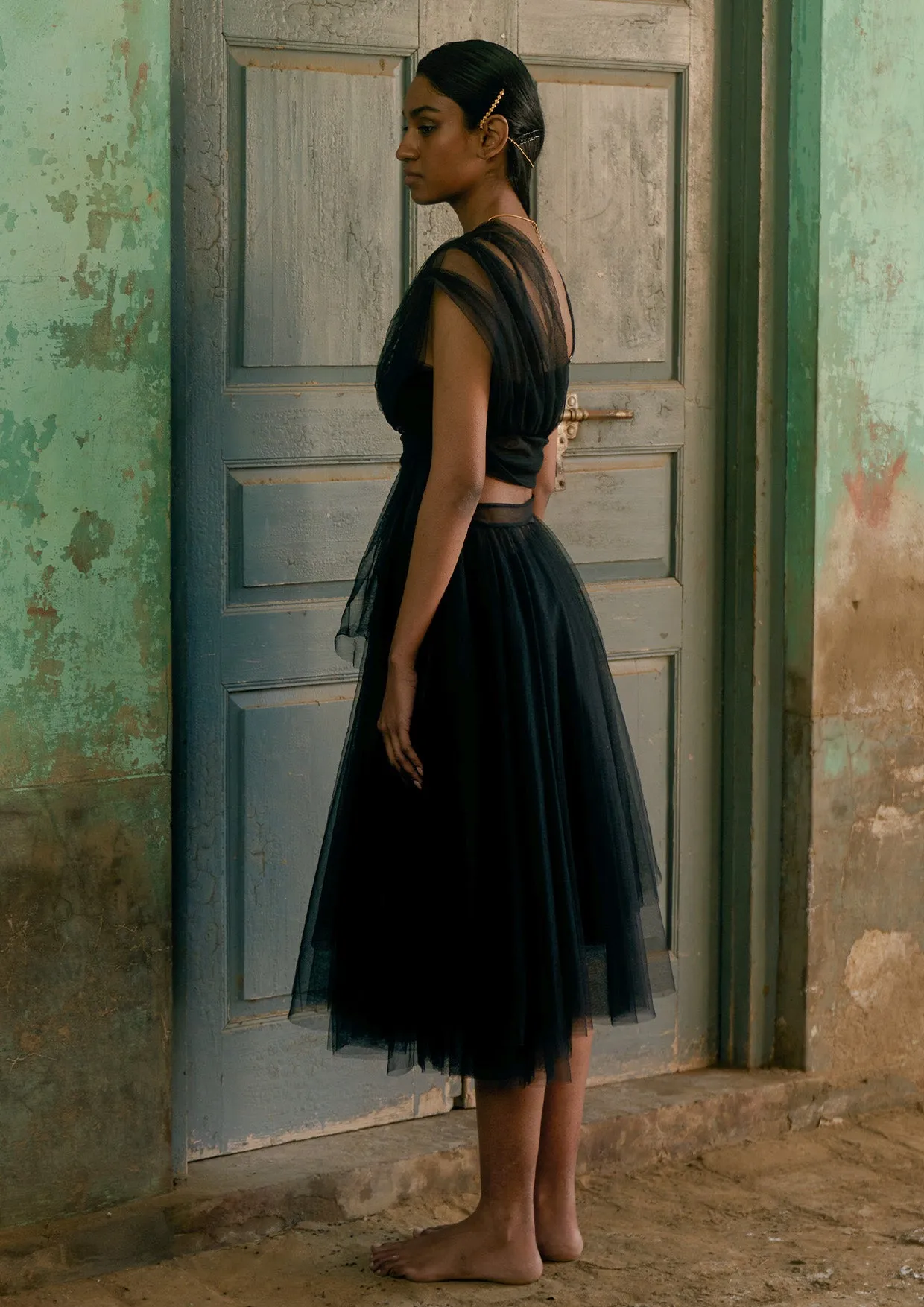 Asymmetrical Layered Tulle Midi Skirt