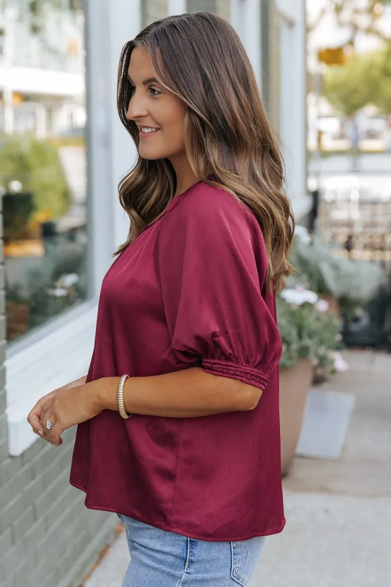 Be Seeing You Puff Sleeve Satin Top - Wine - FINAL SALE