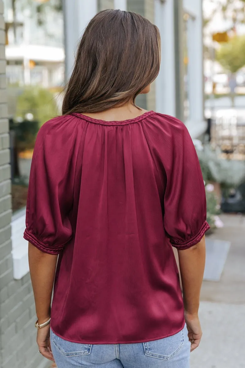 Be Seeing You Puff Sleeve Satin Top - Wine - FINAL SALE