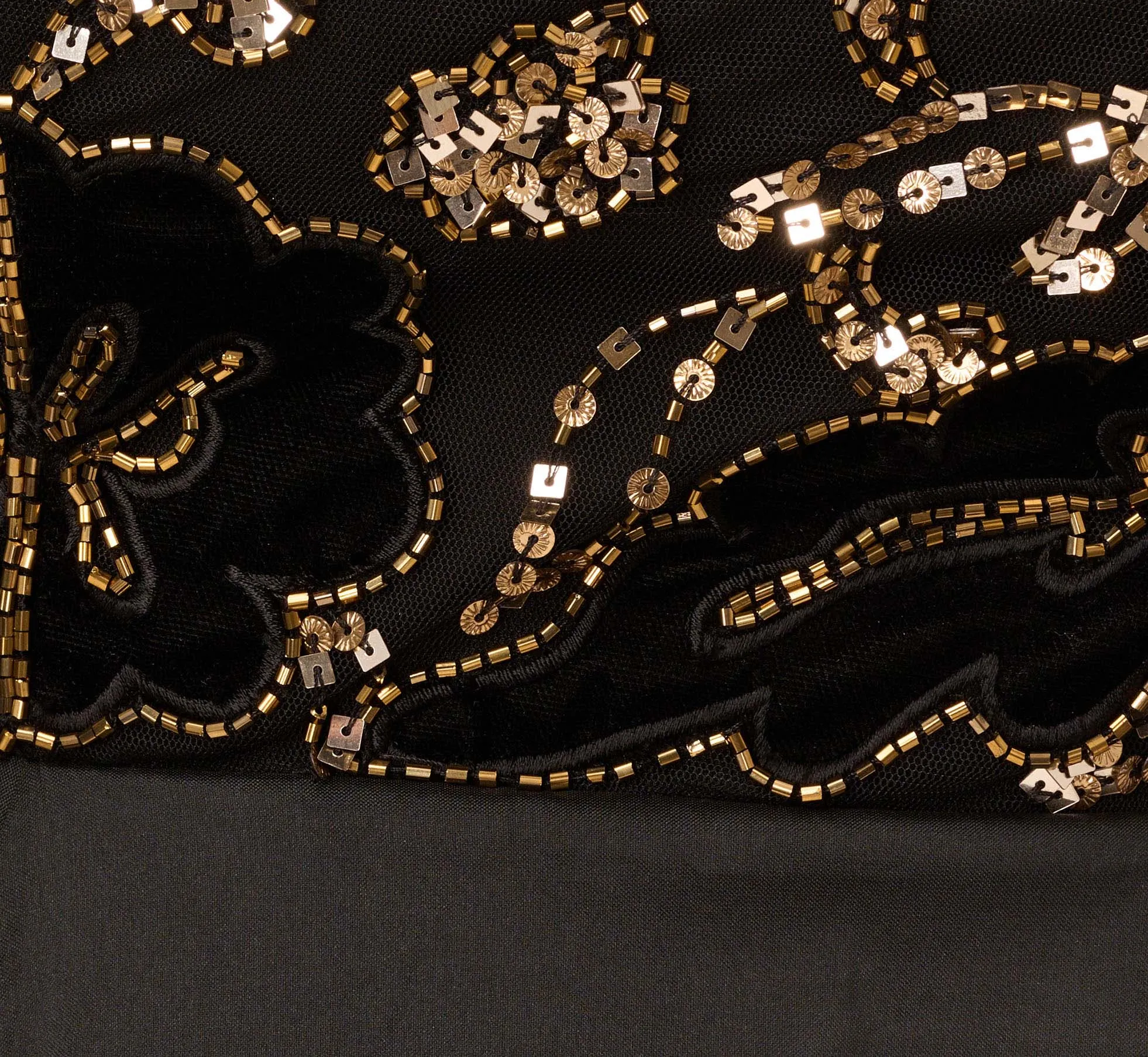 Beaded Taffeta Ball Gown With Three-Quarter Sleeves In Black Gold