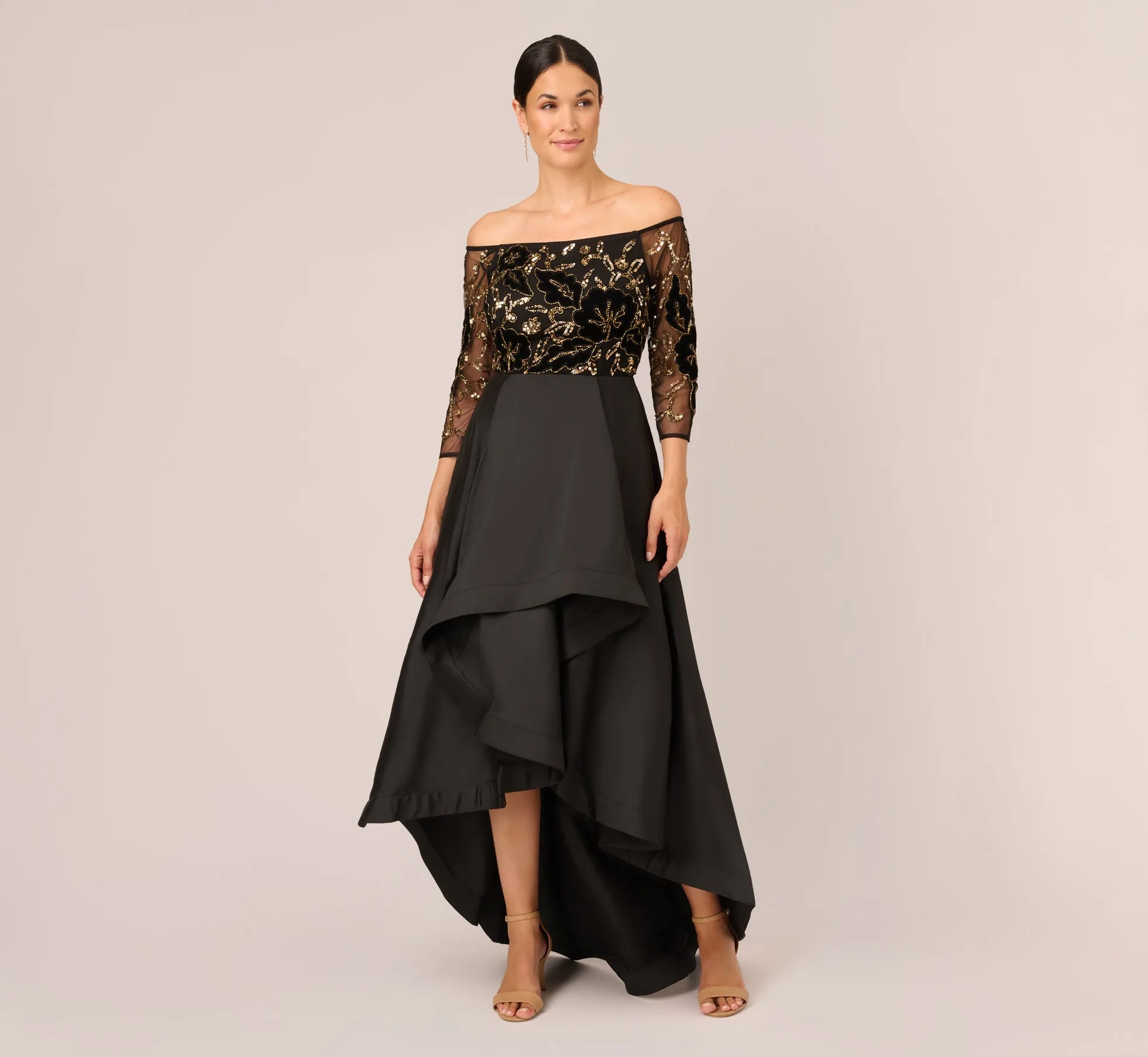 Beaded Taffeta Ball Gown With Three-Quarter Sleeves In Black Gold