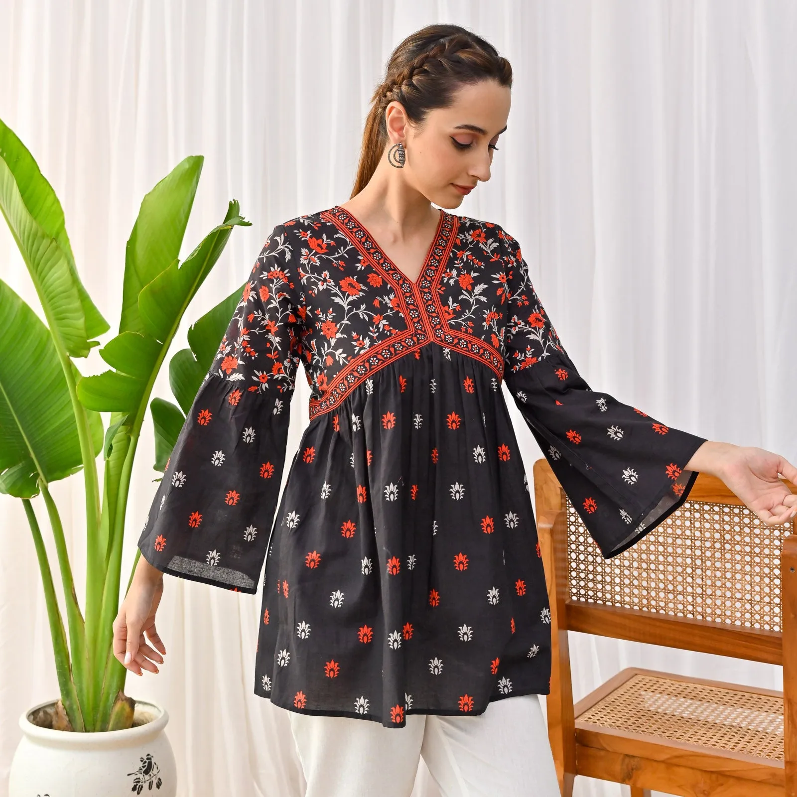 Black Sanganeri Print Tunic with Bell Sleeves