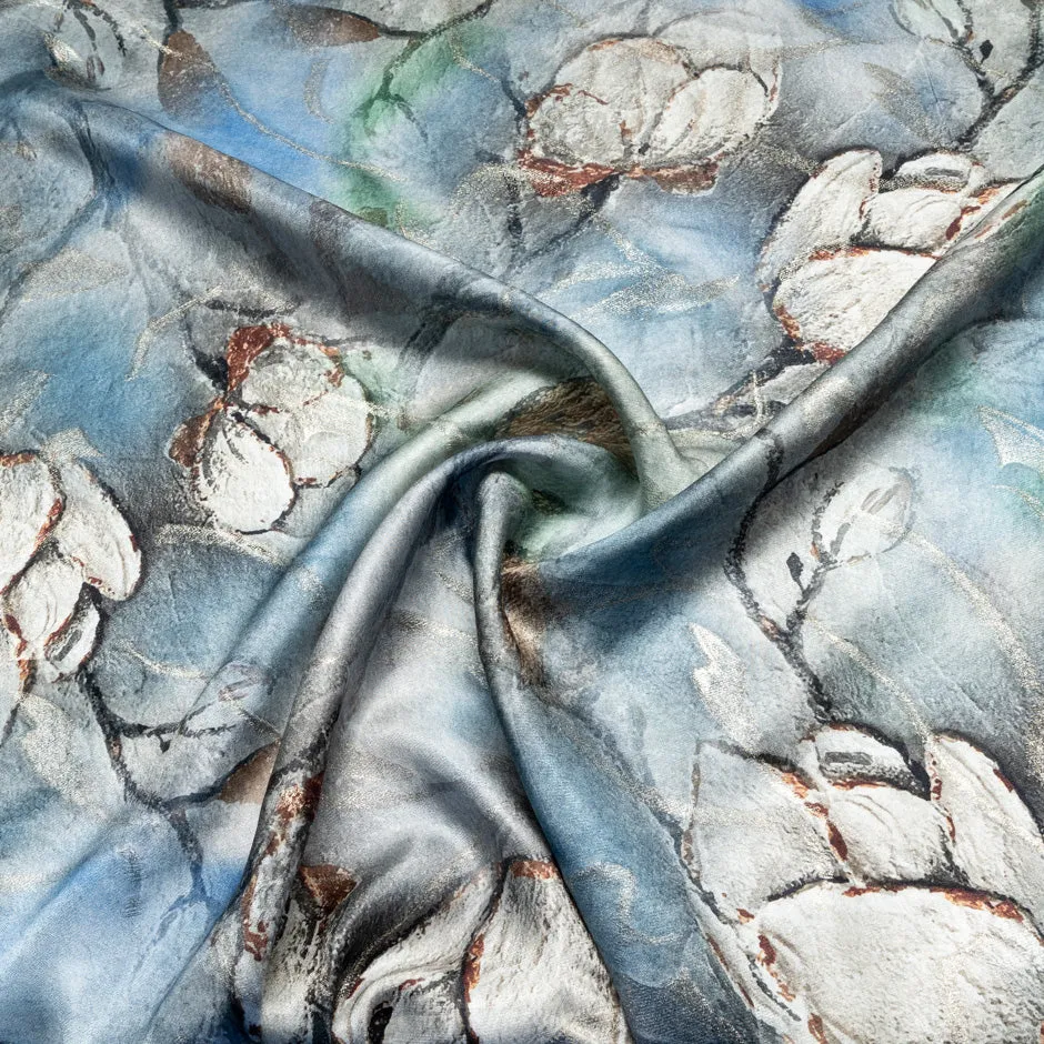 Blue & White Floral Printed Metallic Silk Jacquard