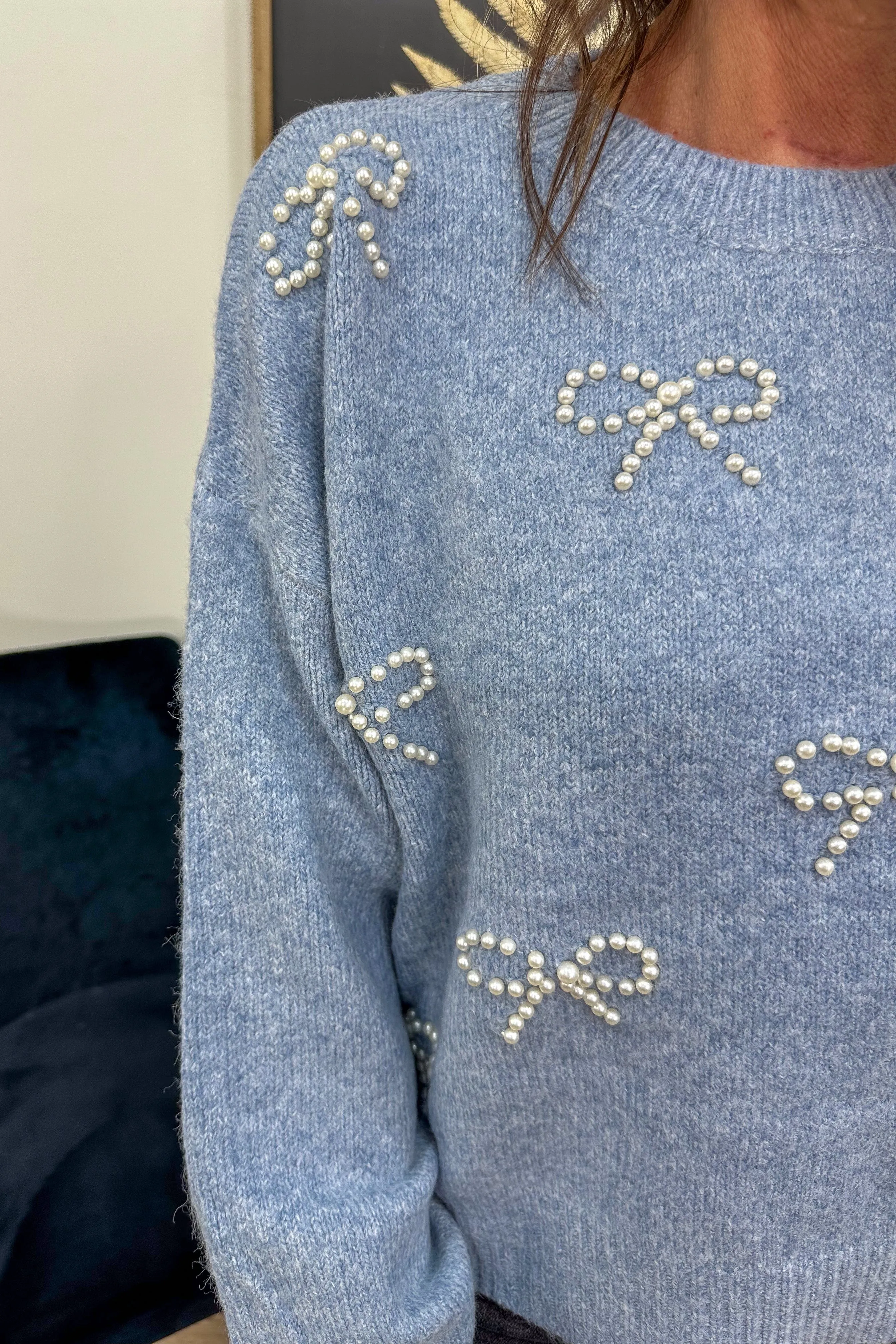 Blue Sweater with Pearl Bows