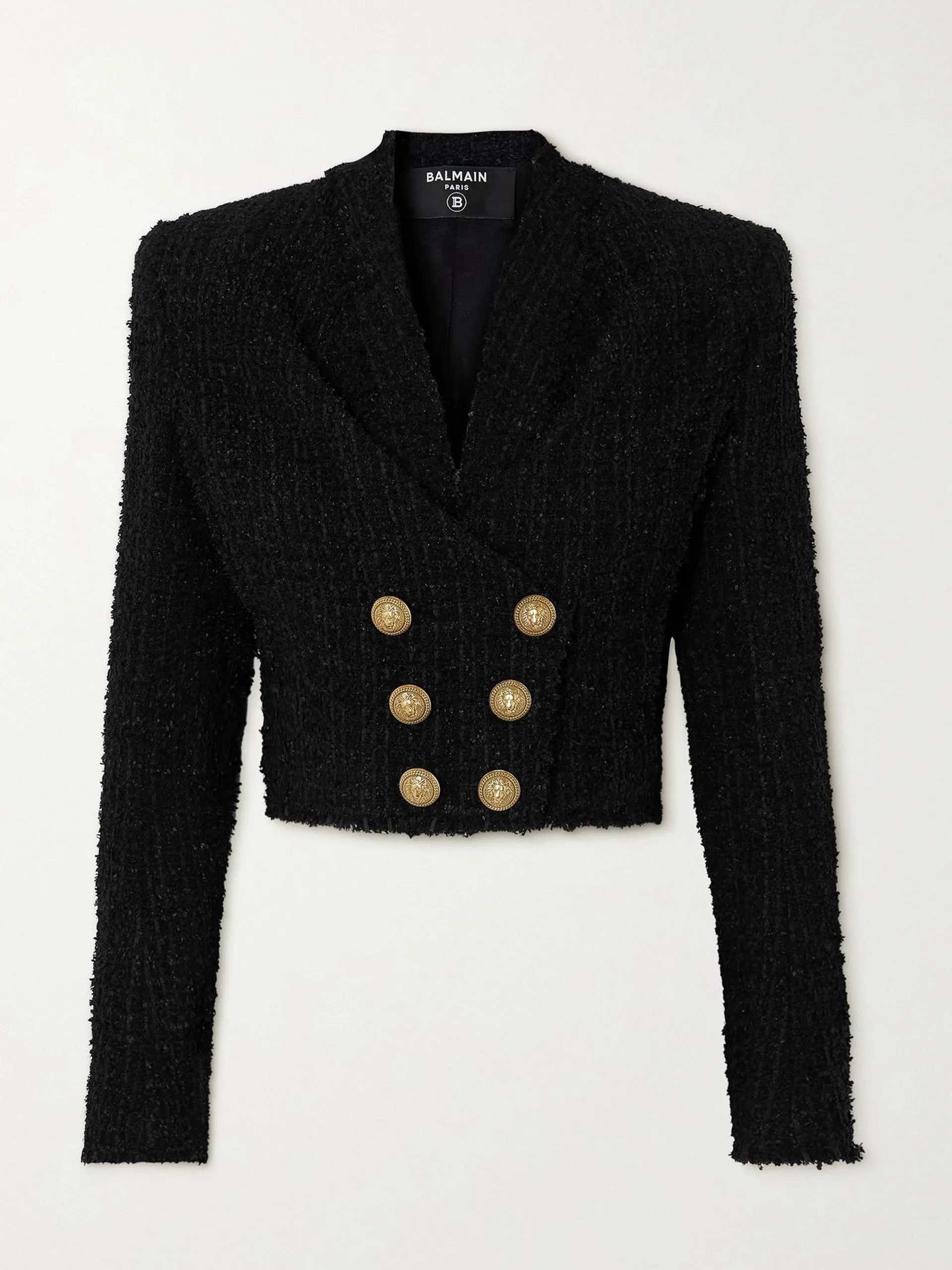 Button-embellished metallic tweed jacket