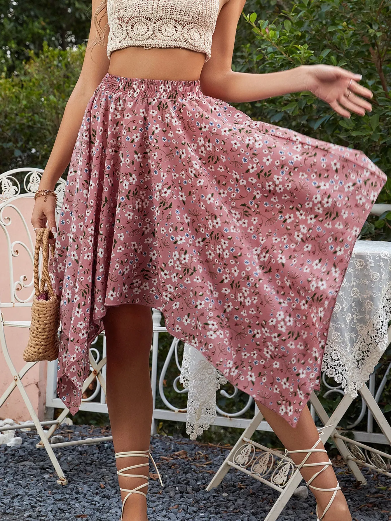 Casual Elegant Loose Floral Chiffon Skirt