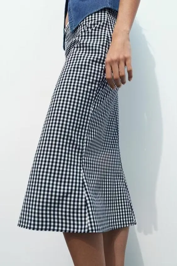 Casual High Waist Vichy Plaid Midi Skirt