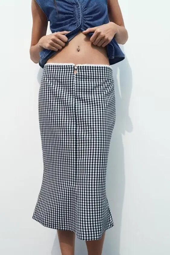 Casual High Waist Vichy Plaid Midi Skirt