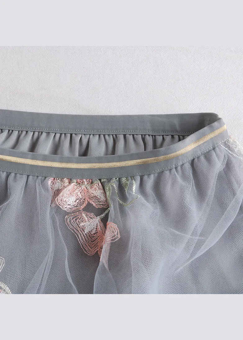 Chic Grey Embroidered Elastic Waist Tulle Skirts Spring QQ1055