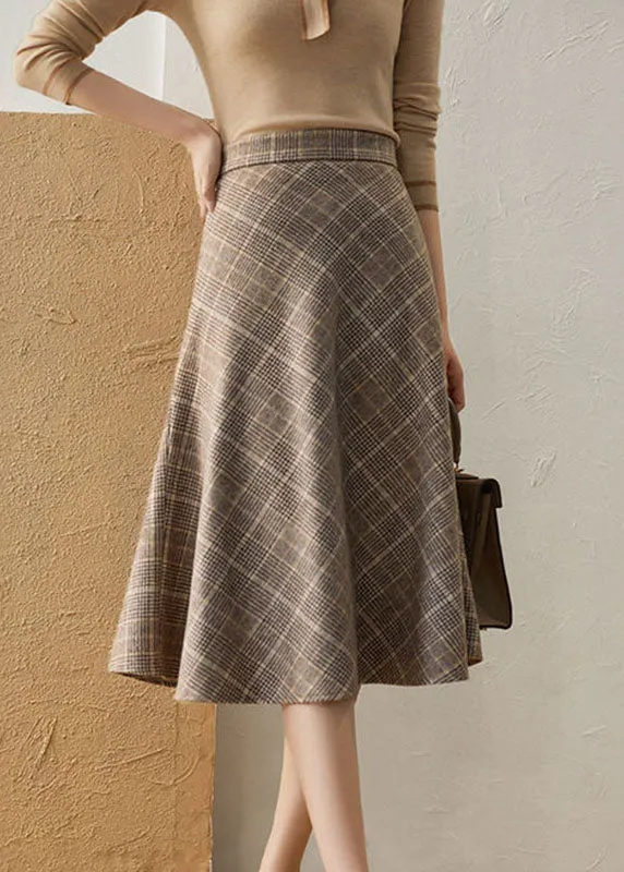 Chic Khaki High Waist Plaid romantic Fall Woolen Skirt