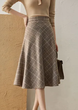 Chic Khaki High Waist Plaid romantic Fall Woolen Skirt