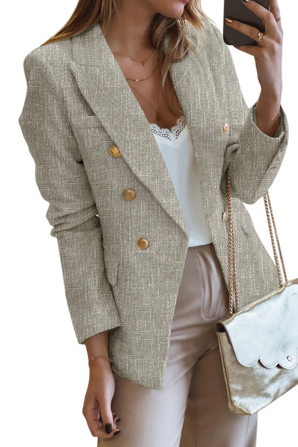 Double Breasted Lapel Blazers Women's Casual Office Long Sleeve Jacket