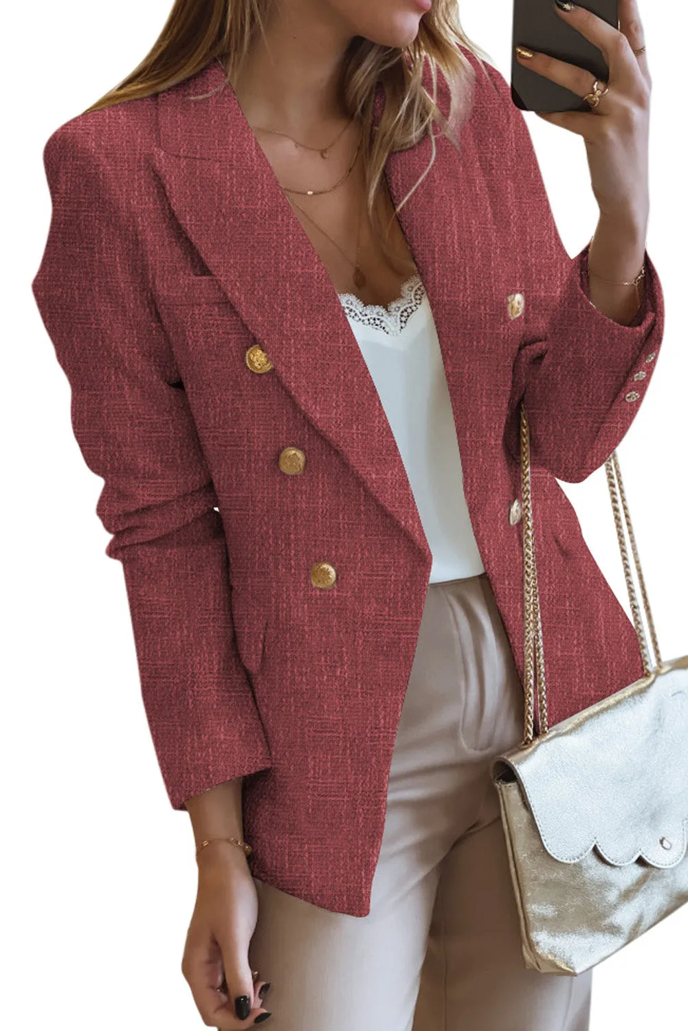 Double Breasted Lapel Blazers Women's Casual Office Long Sleeve Jacket