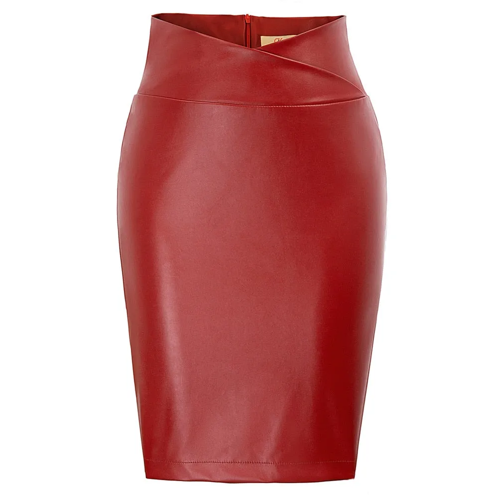 Faux Leather Back Split Knee Length Pencil High Waisted Skirts For Women