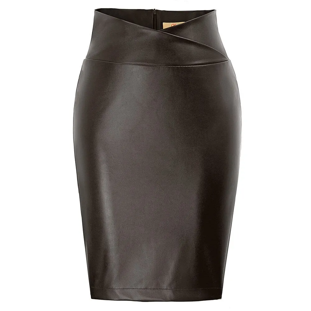 Faux Leather Back Split Knee Length Pencil High Waisted Skirts For Women