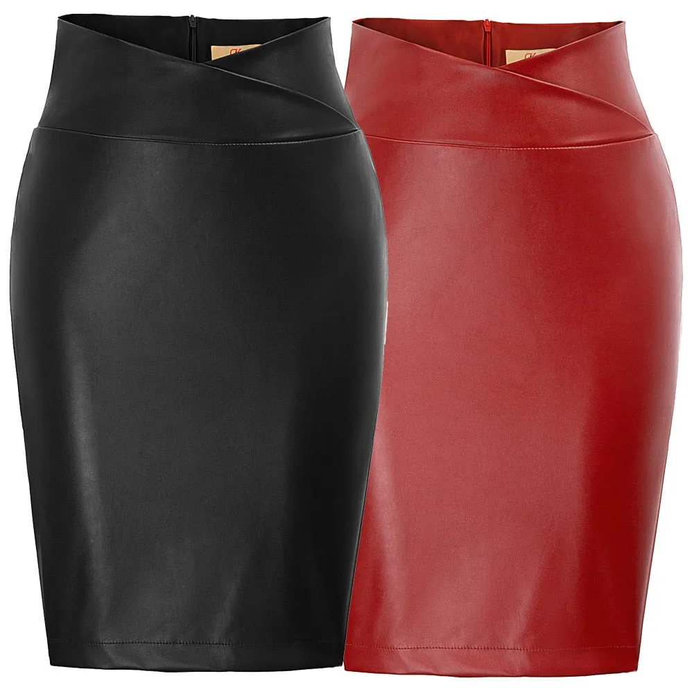 Faux Leather Back Split Knee Length Pencil High Waisted Skirts For Women