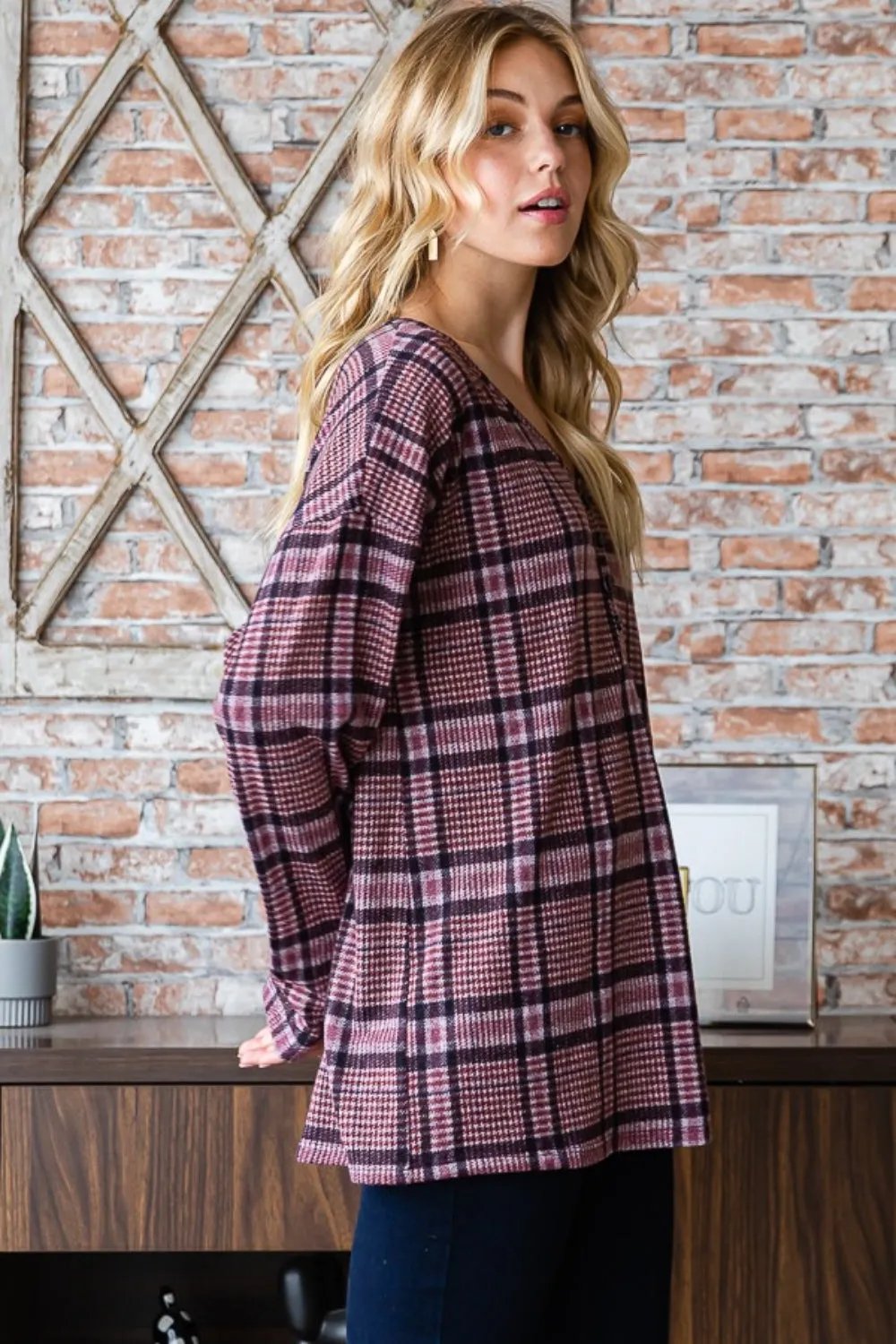 Full Size Plaid V-Neck Long Sleeve Top