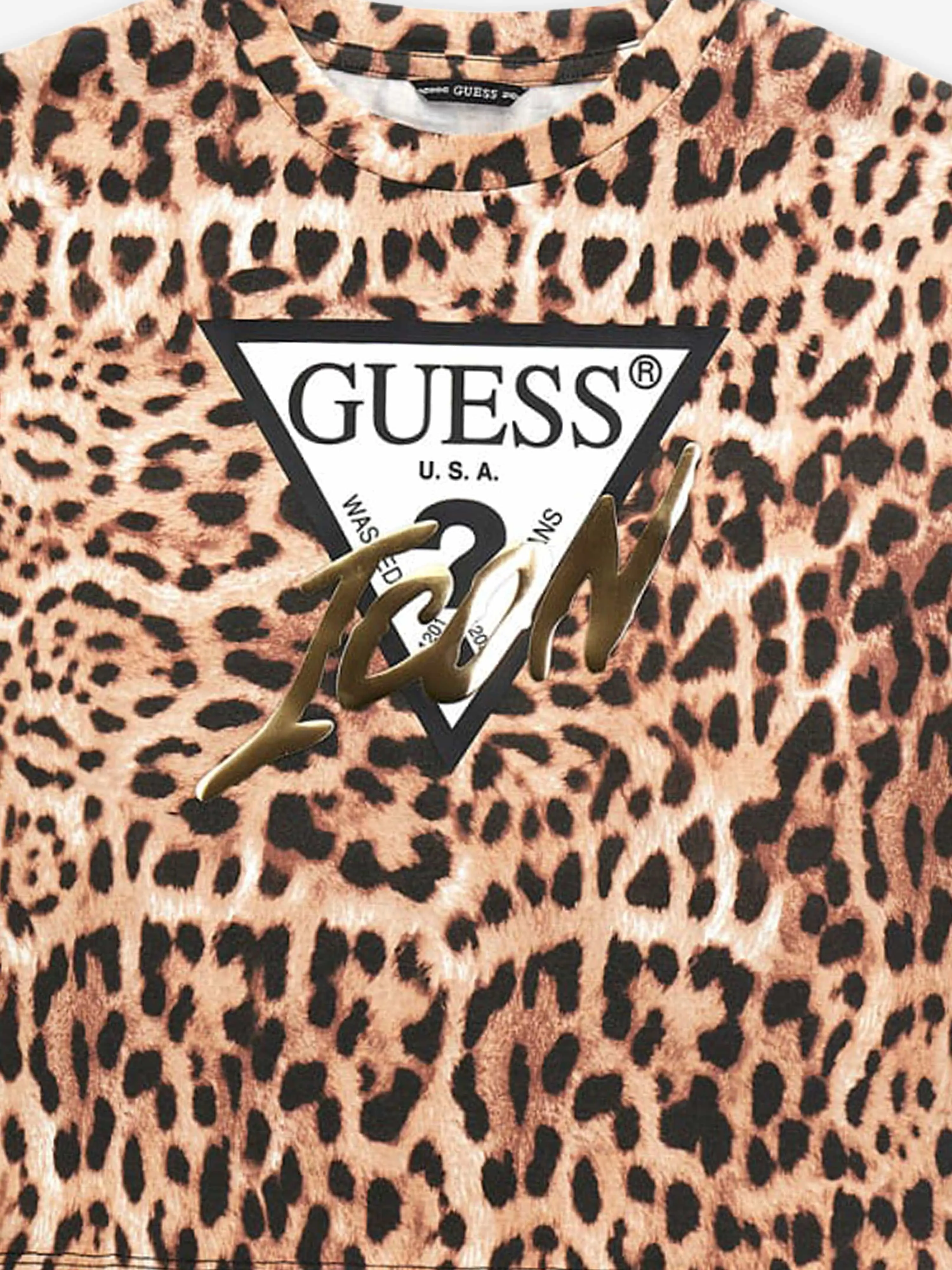 Guess Girls Leopard Print Logo T-Shirt in Brown