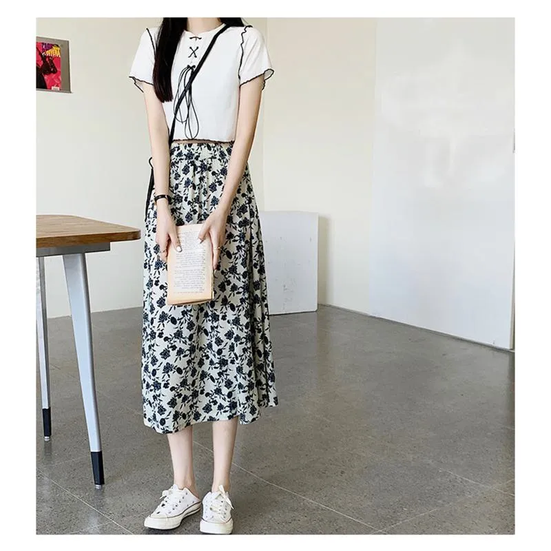 High-Waisted Lining Print Retro French Style Mesh Skirt