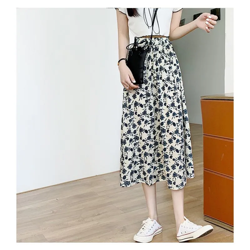 High-Waisted Lining Print Retro French Style Mesh Skirt