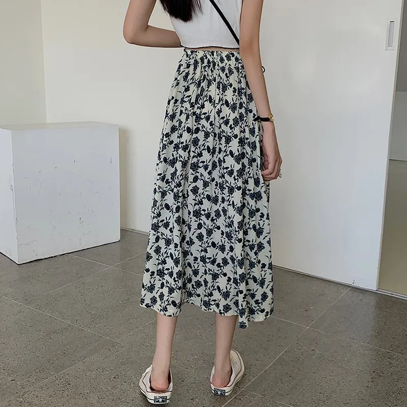 High-Waisted Lining Print Retro French Style Mesh Skirt