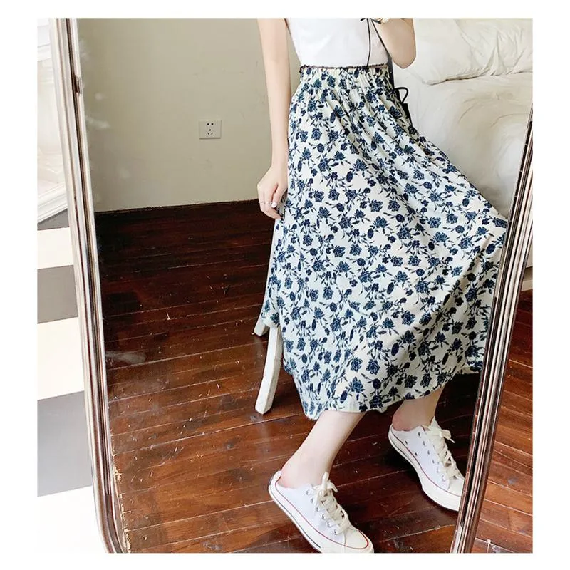 High-Waisted Lining Print Retro French Style Mesh Skirt