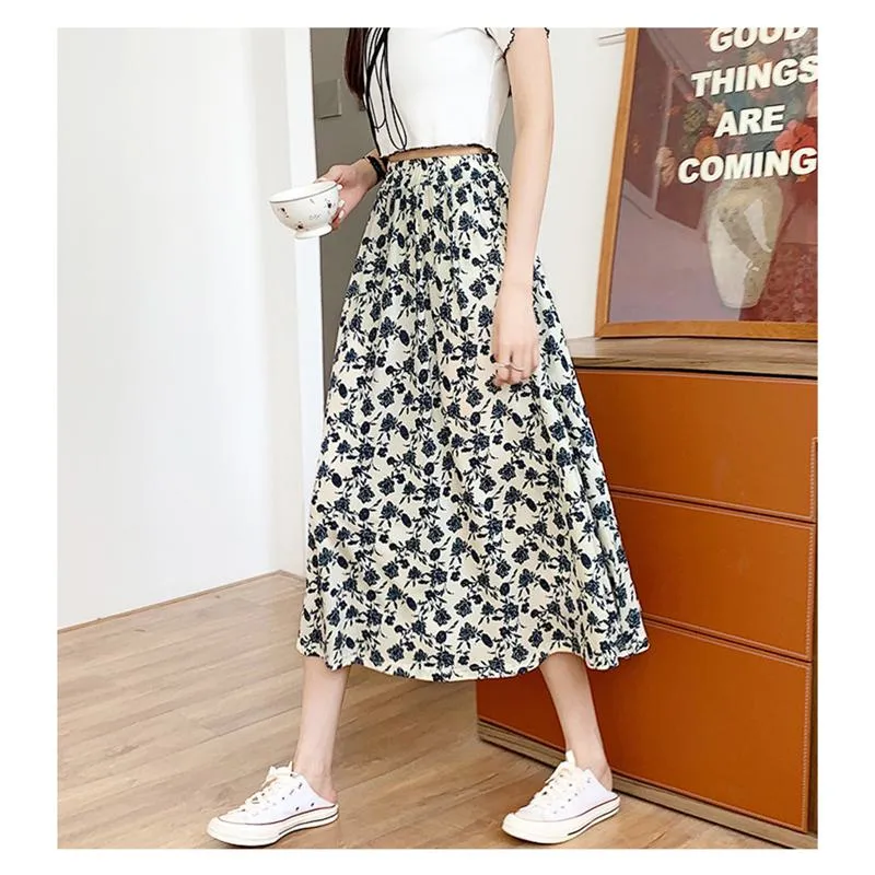 High-Waisted Lining Print Retro French Style Mesh Skirt