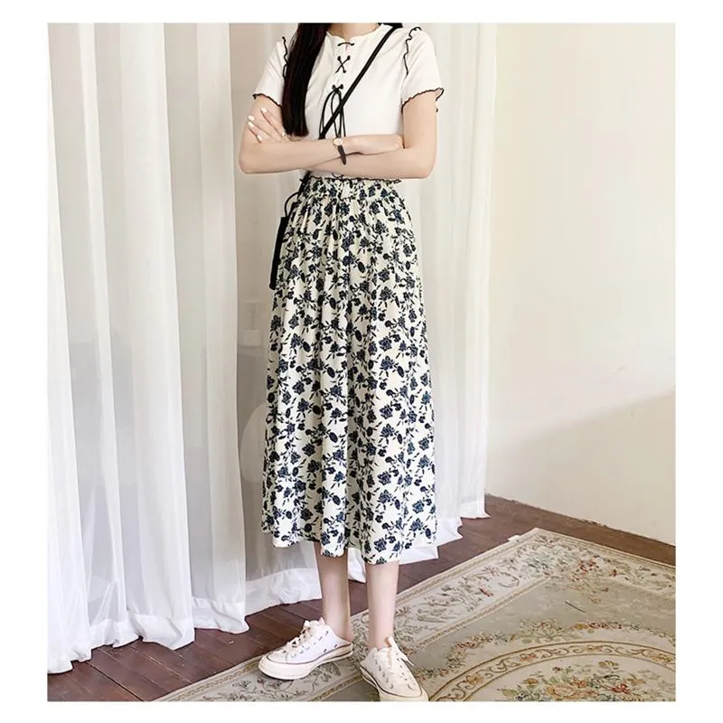 High-Waisted Lining Print Retro French Style Mesh Skirt