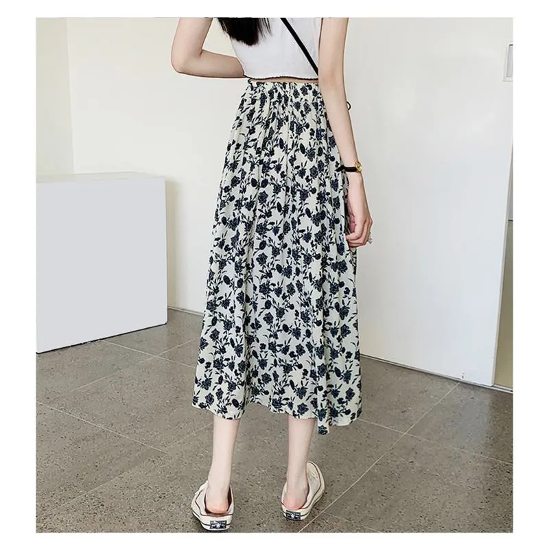 High-Waisted Lining Print Retro French Style Mesh Skirt