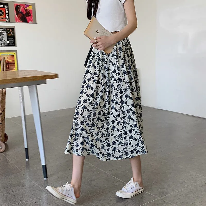 High-Waisted Lining Print Retro French Style Mesh Skirt