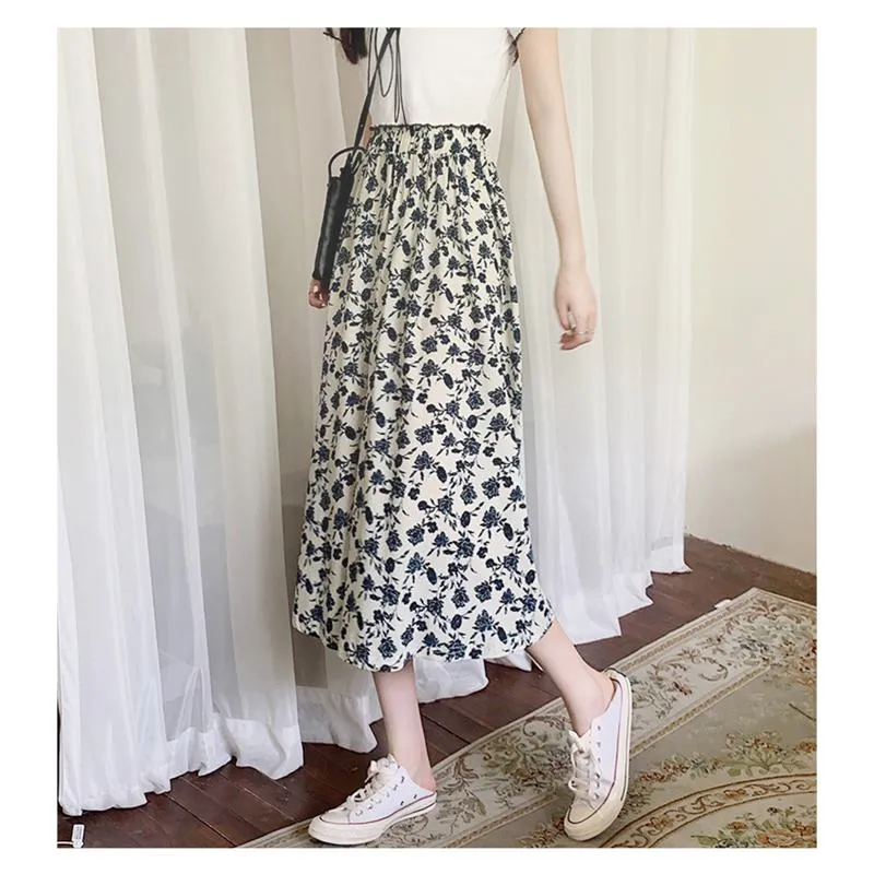 High-Waisted Lining Print Retro French Style Mesh Skirt