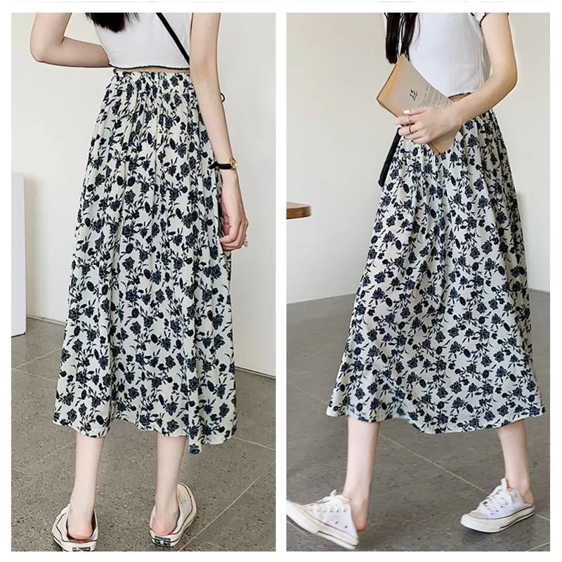 High-Waisted Lining Print Retro French Style Mesh Skirt