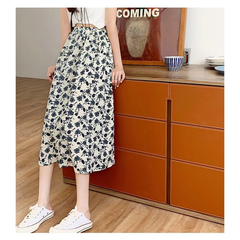 High-Waisted Lining Print Retro French Style Mesh Skirt