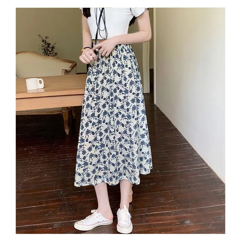 High-Waisted Lining Print Retro French Style Mesh Skirt