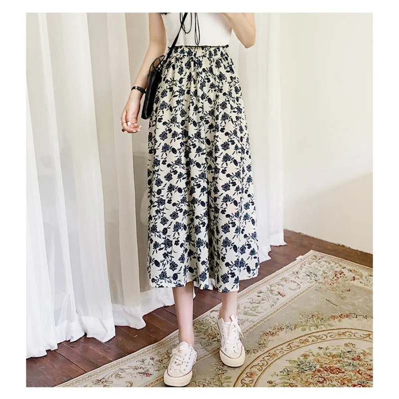 High-Waisted Lining Print Retro French Style Mesh Skirt