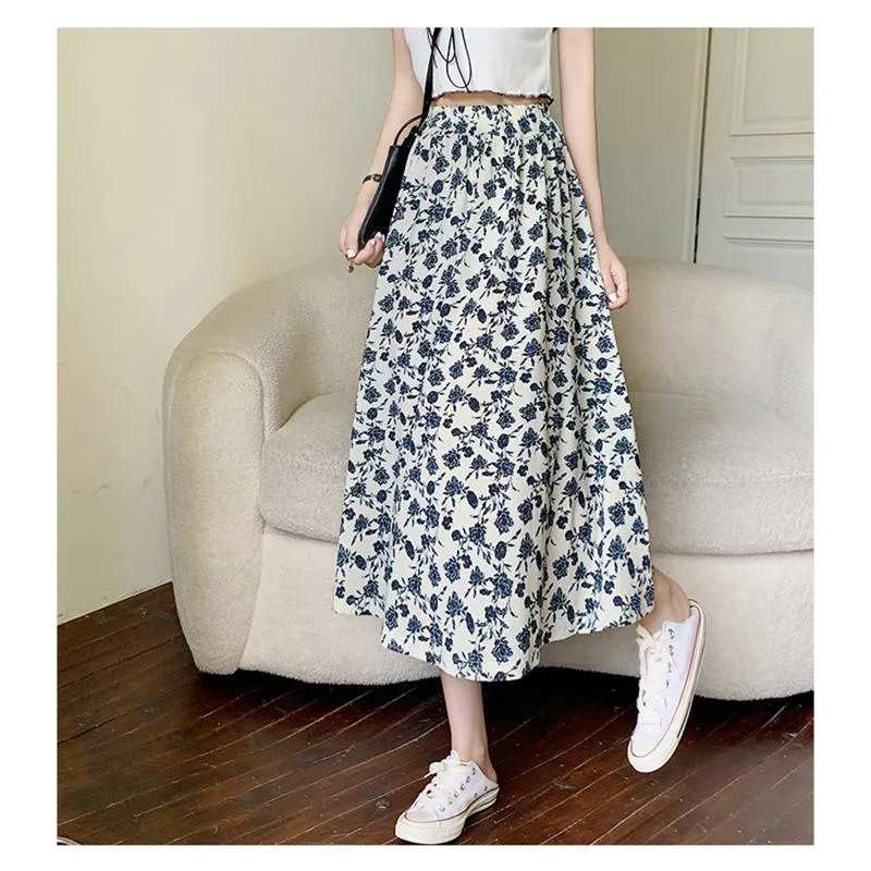 High-Waisted Lining Print Retro French Style Mesh Skirt