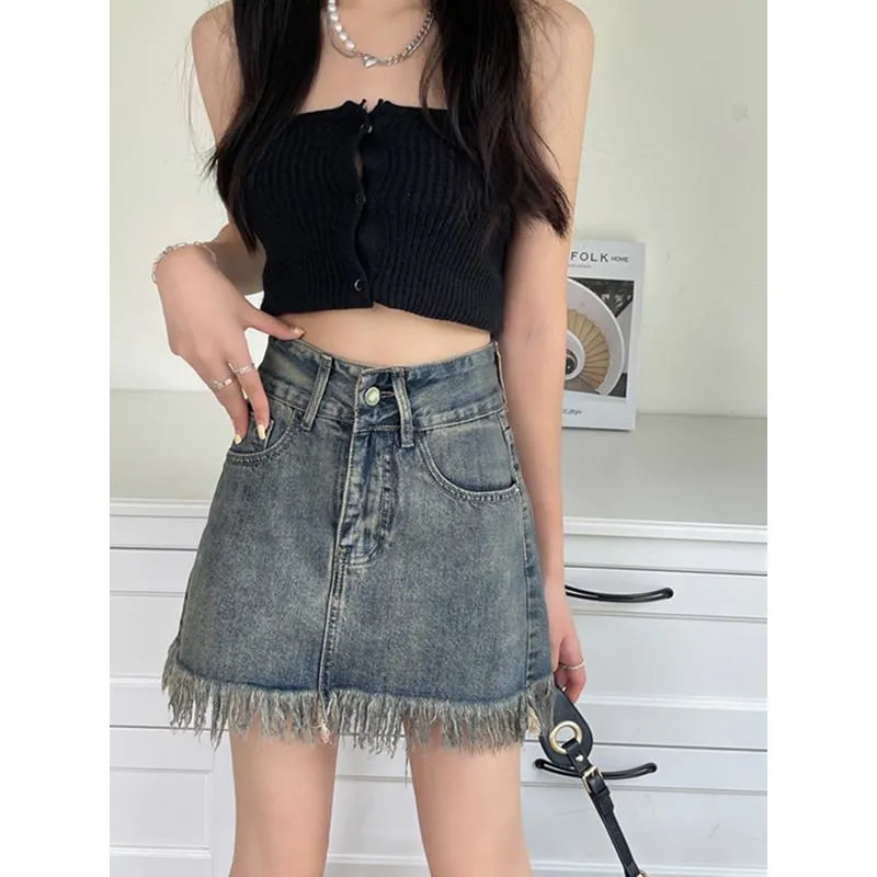 High-Waisted Retro Tassel Bodycon Denim Skirt