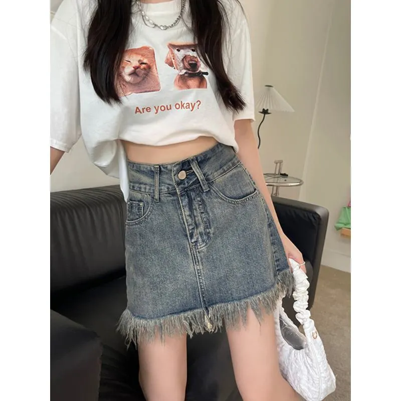 High-Waisted Retro Tassel Bodycon Denim Skirt