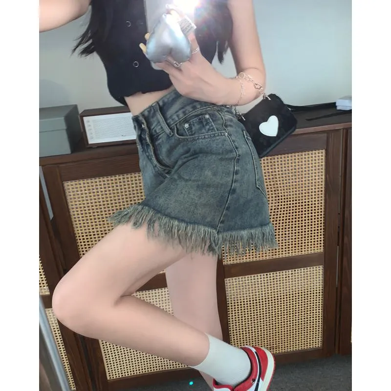 High-Waisted Retro Tassel Bodycon Denim Skirt