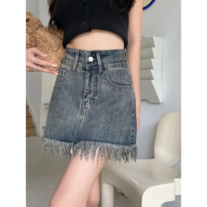 High-Waisted Retro Tassel Bodycon Denim Skirt