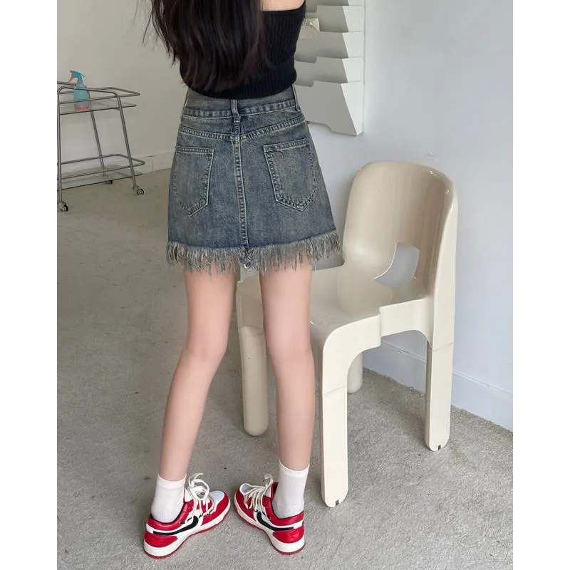 High-Waisted Retro Tassel Bodycon Denim Skirt