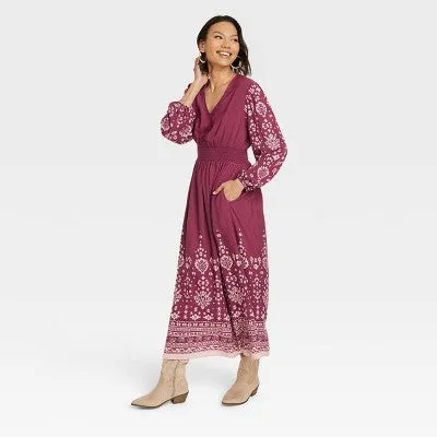 Knox Rose Women's Long Sleeve Smocked Maxi Dress Elastic Waist