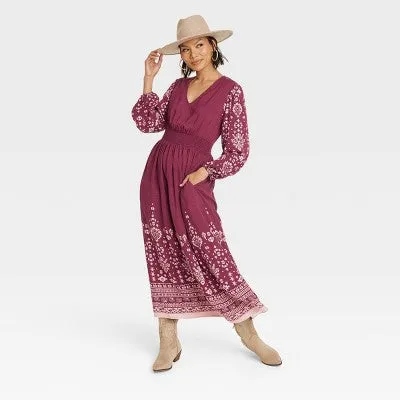 Knox Rose Women's Long Sleeve Smocked Maxi Dress Elastic Waist