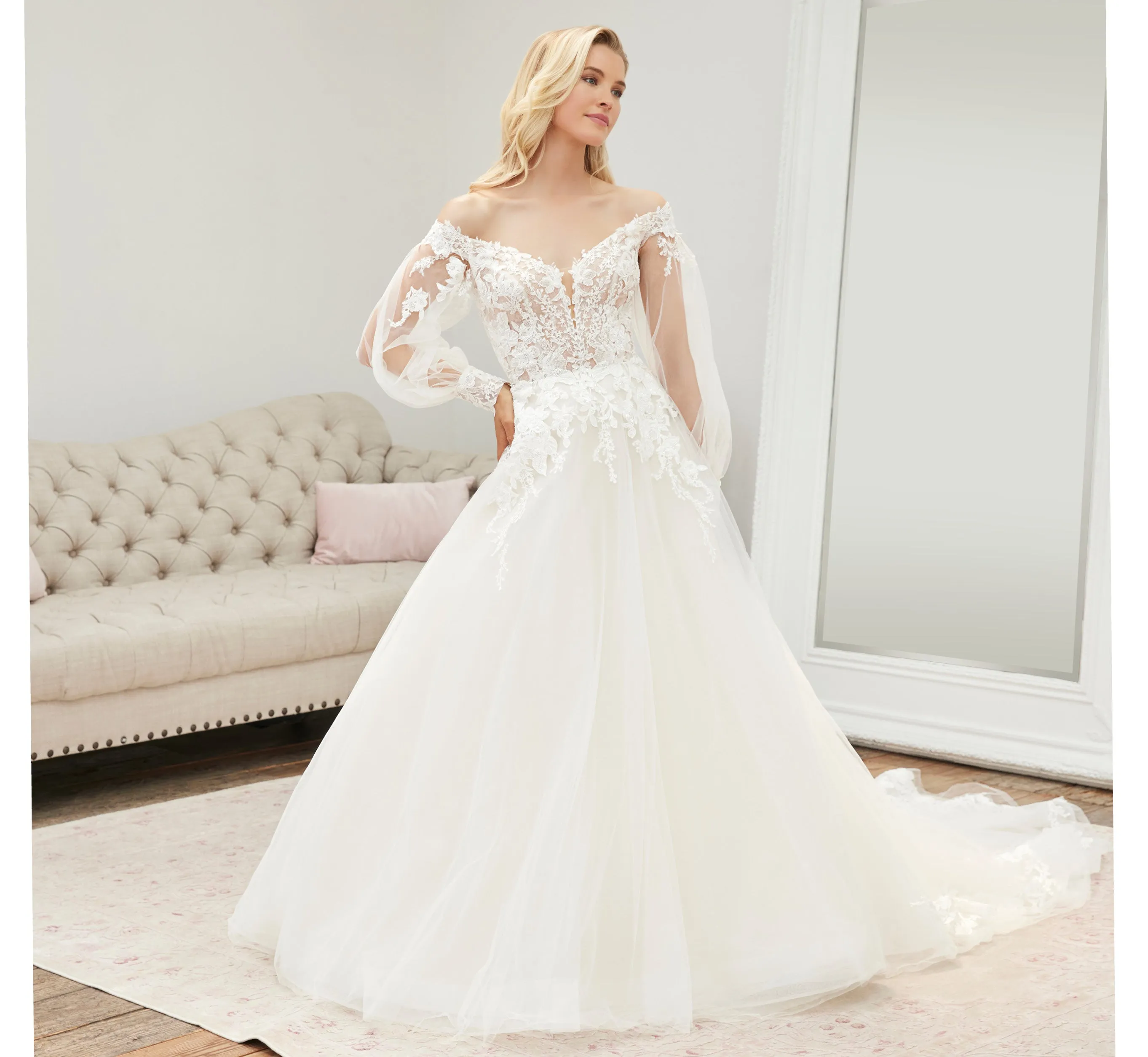 Lace Off-The-Shoulder Gown With Detachable Long Sleeves In Ivory Ivory Nude