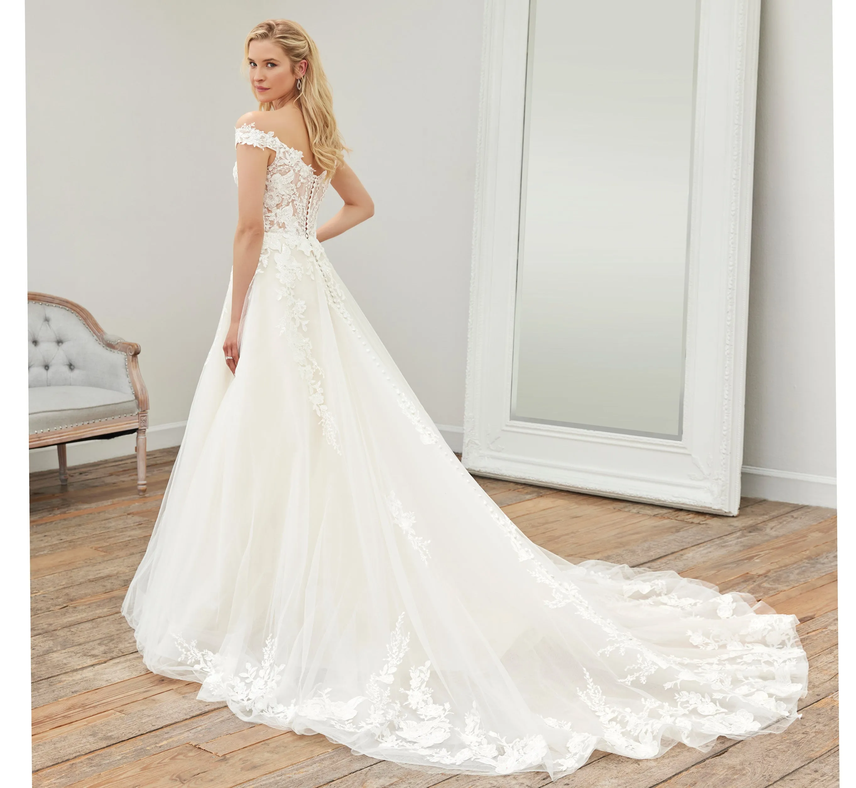 Lace Off-The-Shoulder Gown With Detachable Long Sleeves In Ivory Ivory Nude