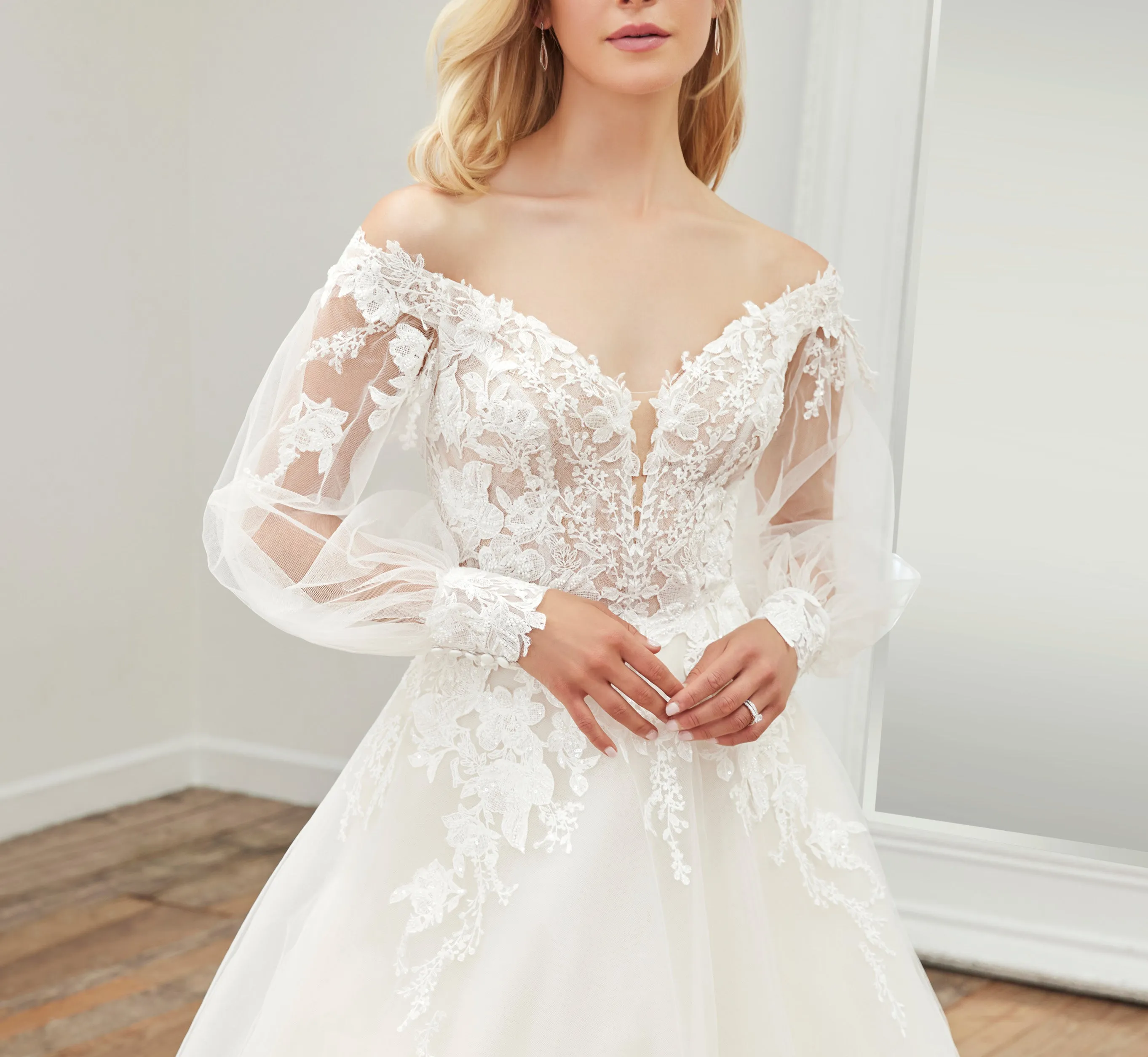 Lace Off-The-Shoulder Gown With Detachable Long Sleeves In Ivory Ivory Nude