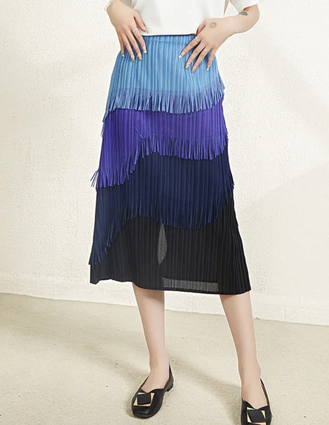 Miyake Pleated Color Block Tassel Layered Skirt