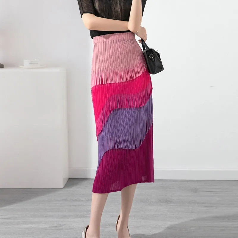 Miyake Pleated Color Block Tassel Layered Skirt