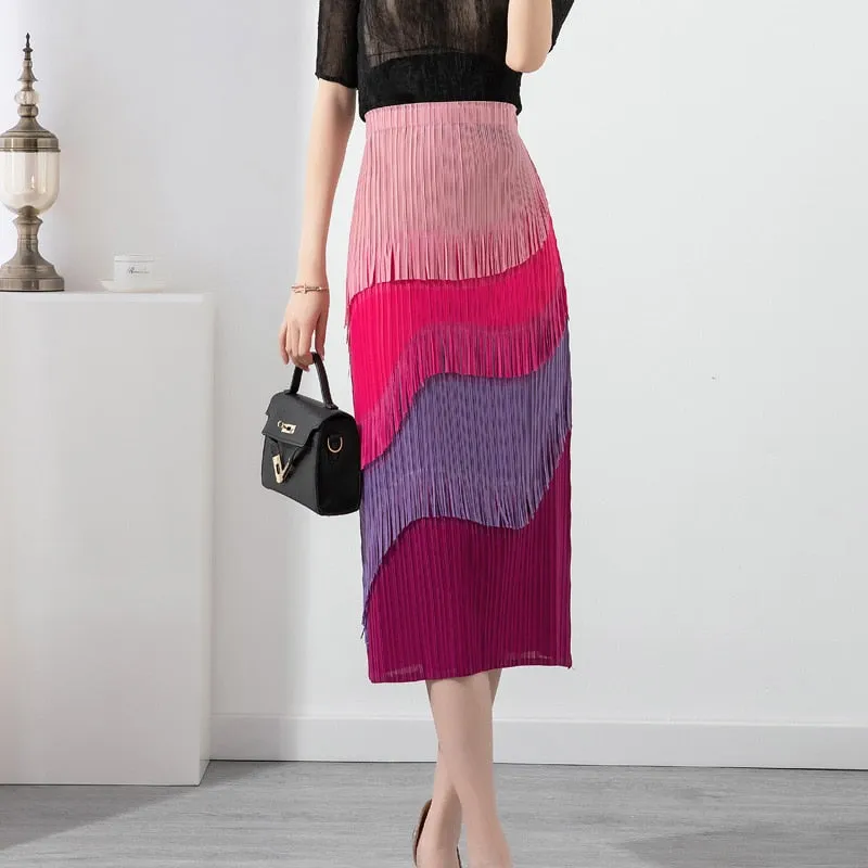 Miyake Pleated Color Block Tassel Layered Skirt